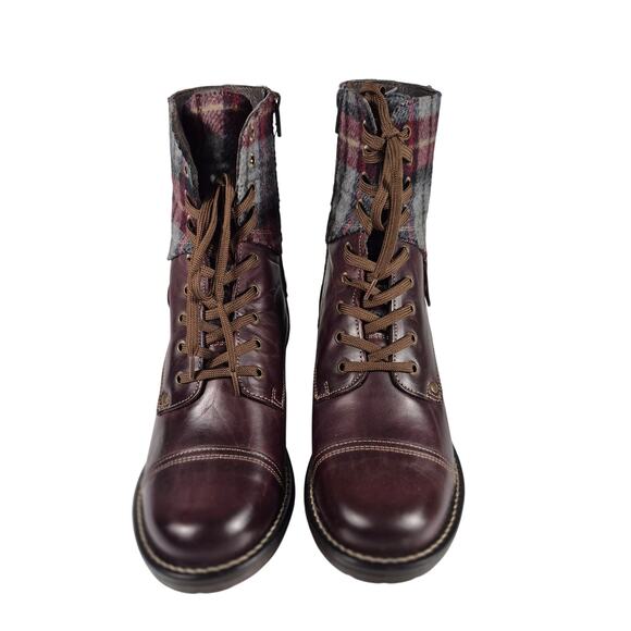 Taos Crave Brown Leather Bordeaux Red Plaid Lace Zip Buckle Boots NWOT 8 8 1/2 - Picture 2 of 4